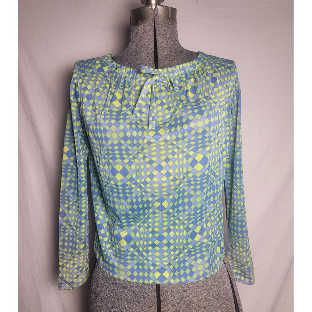Vintage 60s 70s Blue Green Funky Check Psychedelic Top XS/S‎ Twiggy Mod Gogo